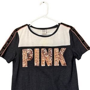Pink Victoria Secret Tshirt Rose Gold Sequined Logo Front Womens Size XS